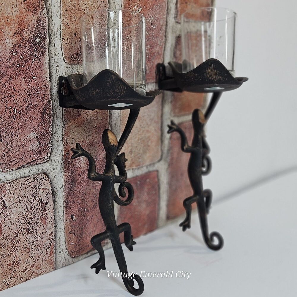 Vtg Cast Iron Partylite Gecko Lizard Leaf Candle Holder Wall Sconce~Set Of 2